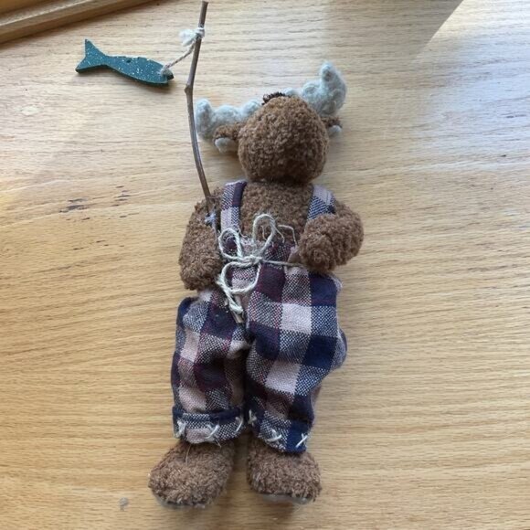 Pair Of Adorable Plush Moose Dolls In Plaid Outfits Holding Fish Decor - Picture 3 of 7